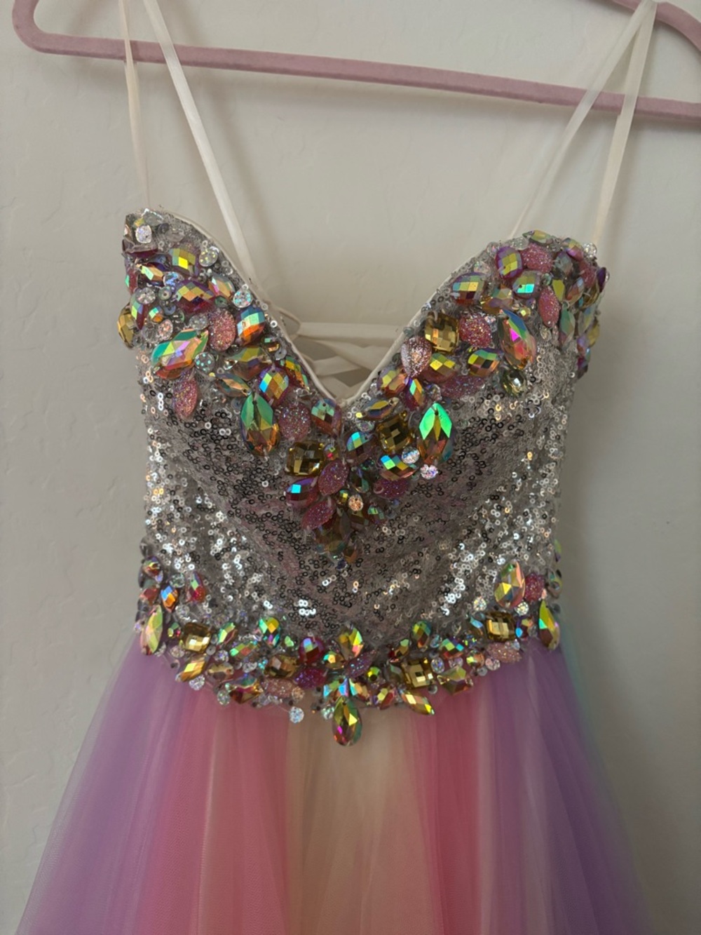 Mac Duggal Size 0 Pastel Rainbow Tulle Prom Gown Crystal Bodice - Picture 3 of 11